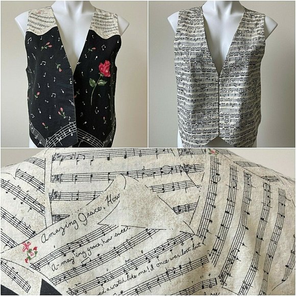 Novelty Musical Notes Vest Music Teacher Piano Amazing Grace Song Floral Roses - Picture 1 of 12